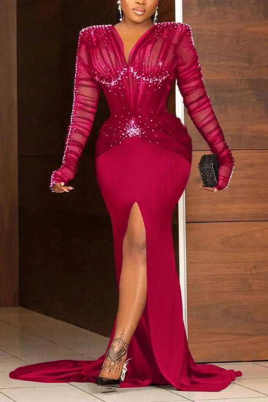 Evening Dress for Women Plus Size Sequin Slim Paty Club Elegant Long Sleeve Ruched Rhinestone Pearl Decor Slit Train Maxi Dress - SHOWLU FASHION STORE