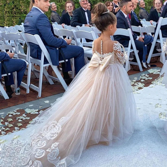FATAPAESE 2 - 14 Years Lace Tulle Flower Girls Dress Princess for Kid Child Wedding Party Juniorbridesmaid Maxi Ball Gown Evening - SHOWLU FASHION STORE