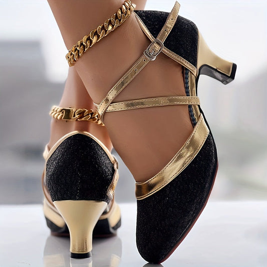 Women's Glitter D'Orsay Latin Dance Shoes, Crisscross Buckle Strap Chunky Mid Heels, All-Match Dress Dance Pumps SHOWLU FASHION STORE