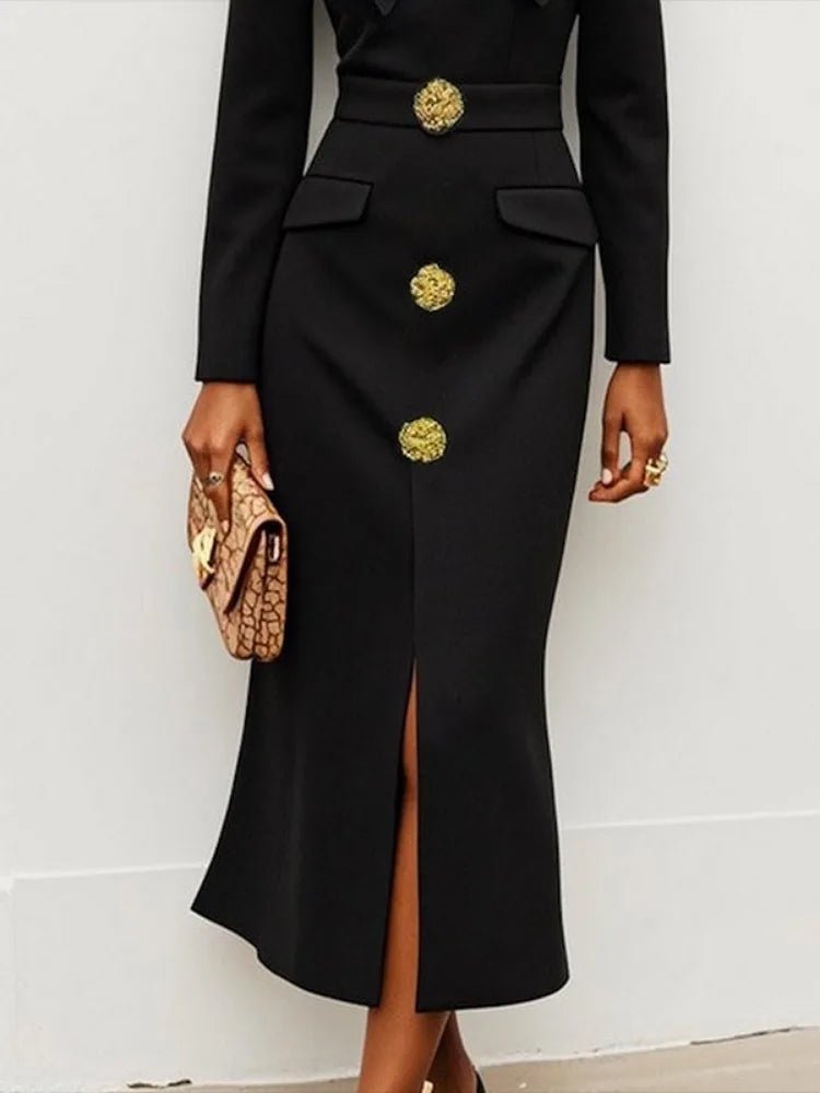 Freeacy Women's Formal Evening Dress Bow Tied Buttoned Long Sleeve Slim Fit Ankle - length Dress 2025 Female Fashion Party Dresses - SHOWLU FASHION STORE