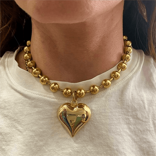 Gothic Gold Heart Pendant Necklace for Women Stainless Steel Beaded Choker Steampunk Jewelry - SHOWLU FASHION STORE