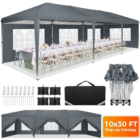Hoteel 10x30Party Pop Up Canopy Tent, Removable Canopy Tent with 8 Side Walls, Waterproof Commercial Instant Shelter Tent for Weddings, Patio with Tote Bag and 4 Sandbags - SHOWLU FASHION STORE