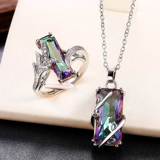 Huitan Multicolored Rectangular Stone Ring/Necklace Set Novel Design Anniversary Party Women Jewelry Factory Direct Selling Set - SHOWLU FASHION STORE