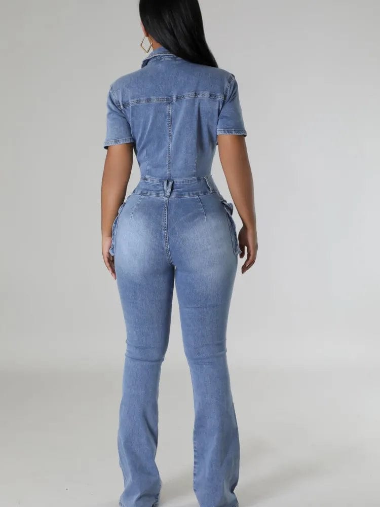 JRRY Sexy Women Denim Jumpsuits Short Sleeve Turn Down Collars Buttons Pockets Flared Pants Denim Bodysuit - SHOWLU FASHION STORE
