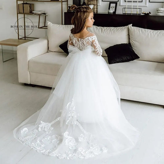 Long Sleeves Lace Princess Flower Girl Dresses 2022 Ball Gown Communion White Dresses For Little Girls Robe Mariage Enfant Fille - SHOWLU FASHION STORE