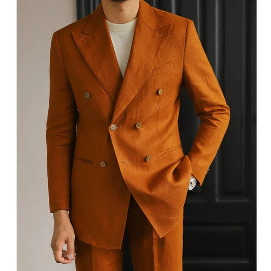 Luxury Linen Double Breasted Italian Suit For Men's Versatile Slim Fit Business Lapel Collar Retro Suit Green Brown 4 Colors - SHOWLU FASHION STORE