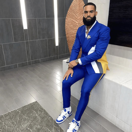 Men Suits Slim Fit Casual Wear Patchwork Blazer Trousers Blue Costume Homme Wedding Groom Prom Clothes 2Pcs Male Blazer Sets - SHOWLU FASHION STORE