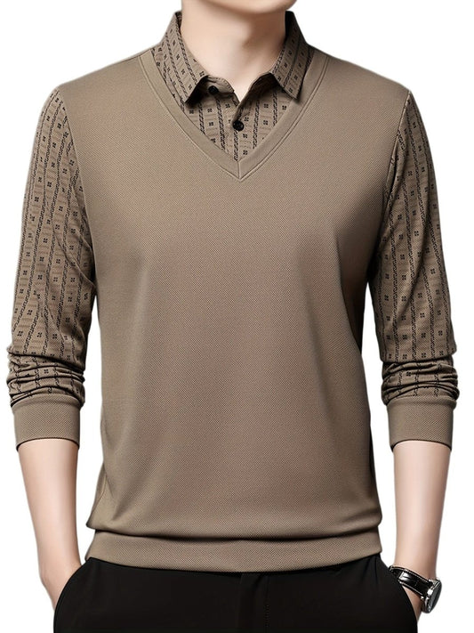 Men's Geometric Graphic Print Golf Shirt, Casual Fake Two - piece Long Sleeve Shirt For Winter Fall Outdoor - SHOWLU FASHION STORE