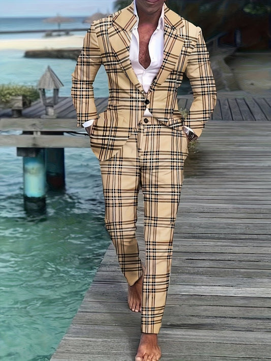 Men'S Plus Size Casual Suit, Striped Polyester 100% Workwear, Non - Stretch Woven Lapel Collar, Skinny Fit with Pockets, All - Season 120g/m² Fabric Weight, Lining Included - SHOWLU FASHION STORE