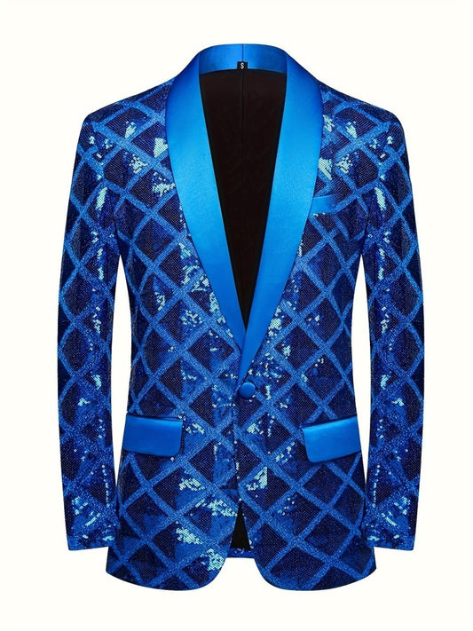 Men's Sequin Geometric Pattern Suit Jacket - One Button Blazer with Shawl Collar, Long Sleeves, and Pockets for Wedding and Banquet, Evening Wear|Elegant Suit|Polyester Fiber Jacket - SHOWLU FASHION STORE