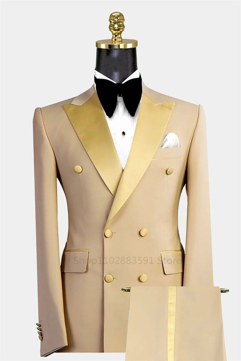 Men's Suit Double breasted Tuxedos Formal Slim Fit Notch Lapel Party Solid Groom Khaki Suits For Wedding 2 Pieces(Blazer+Pants) - SHOWLU FASHION STORE