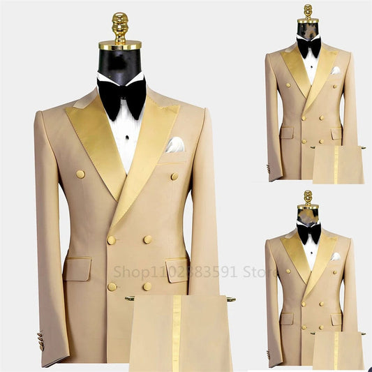 Men's Suit Double breasted Tuxedos Formal Slim Fit Notch Lapel Party Solid Groom Khaki Suits For Wedding 2 Pieces(Blazer+Pants) - SHOWLU FASHION STORE
