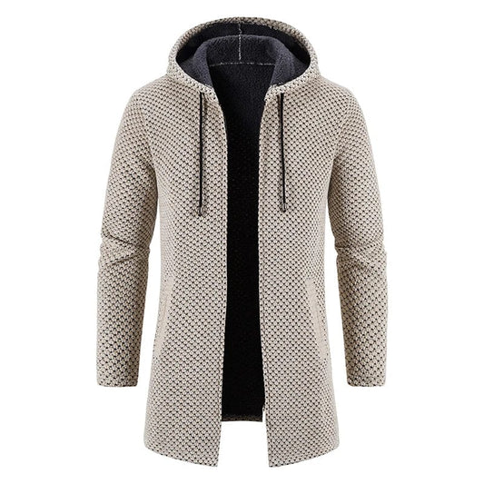 Men's Winter Trench Coat Long Knit Sweater Jacket Fleece Warm Hoodies Beige Business Casual Cardigan Zipper Jumper Overcoat - SHOWLU FASHION STORE