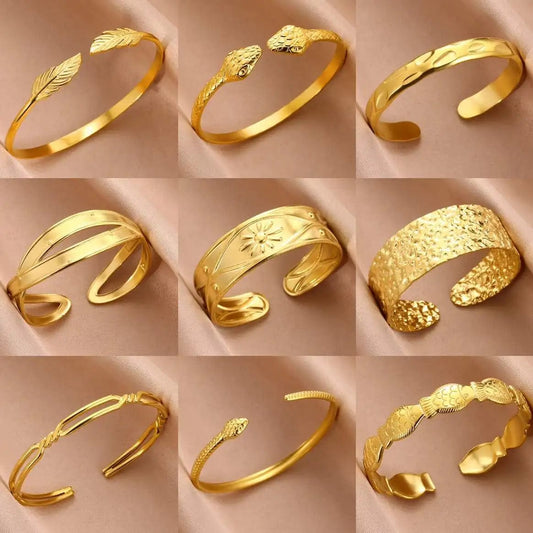 Minimalist Bangle Stainless Steel Bracelet For Women Vintage Gold Color Texture Aesthetic Charm Bracelet Daily Wear Jewelry - SHOWLU FASHION STORE