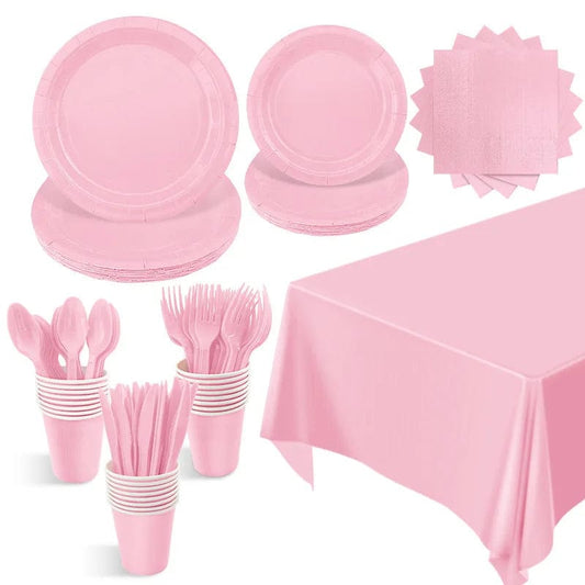 New Solid Color Party Set Light Pink Disposable Tableware Paper Cup Paper Plate Tablecloth For Kids Baby Shower Party Supplies - SHOWLU FASHION STORE