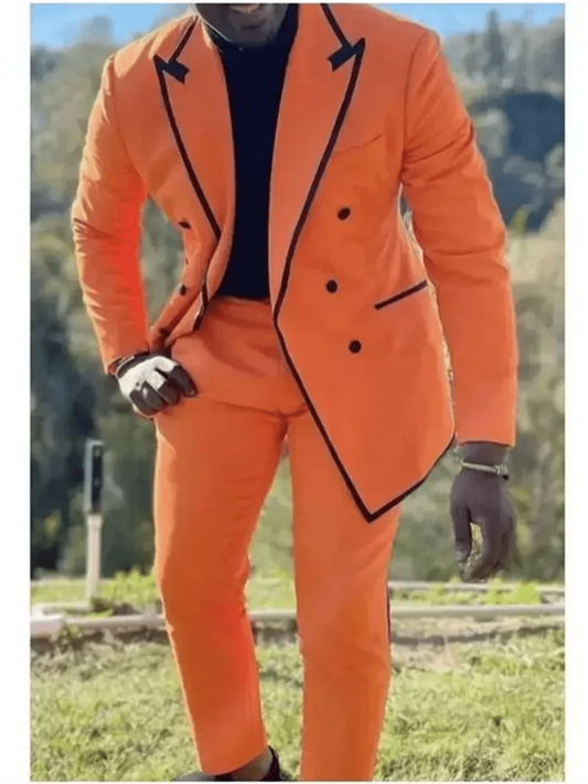 Orange Men Suits 2 Pieces Black Trimming Peaked Lapel Costume Homme Wedding Groom Tailored Made Blazer Sets - SHOWLU FASHION STORE