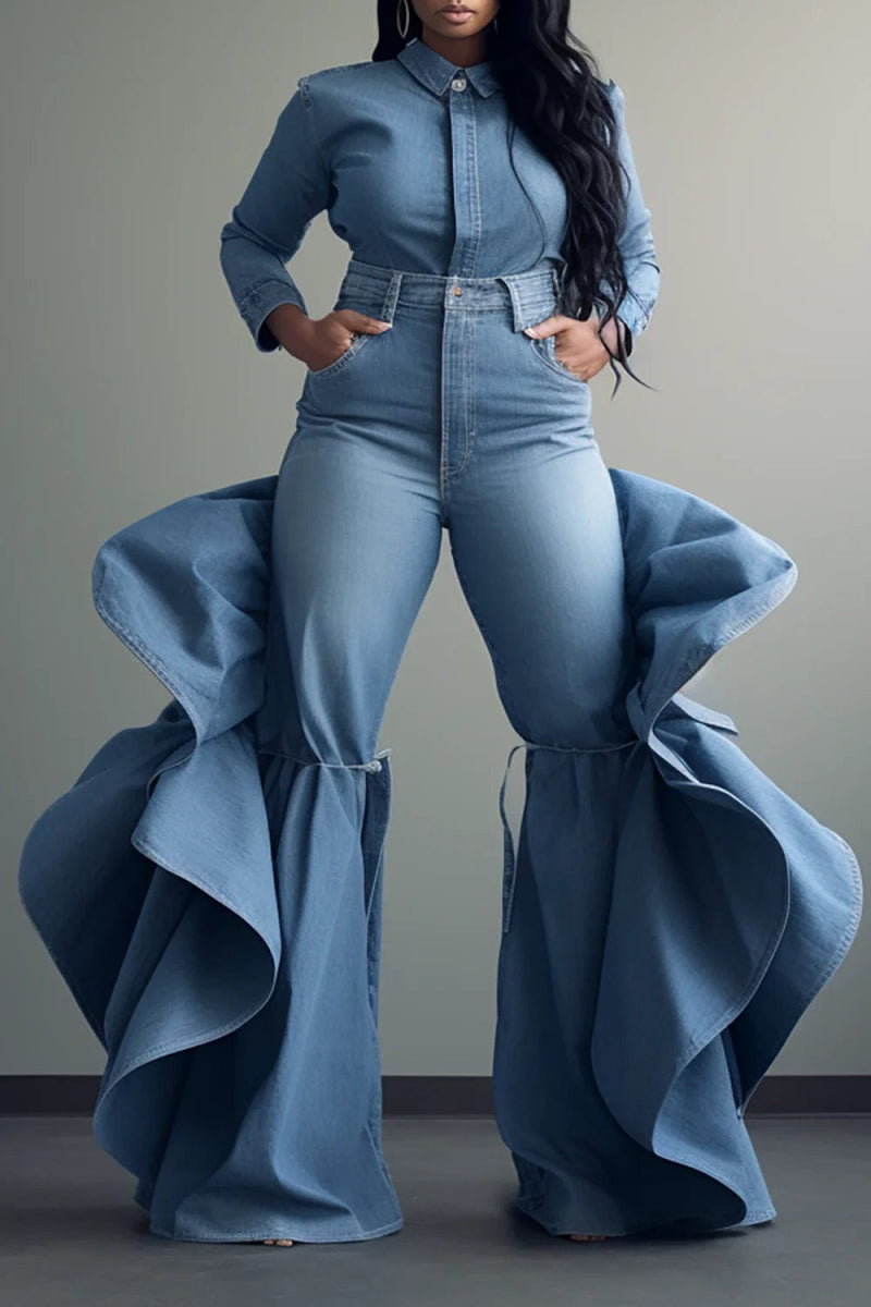 Plus Size Fashionable Women's Blue Jeans High Waist Ruffle Flared Casual Pink Denim Pants Spring Black Skinny Pants - SHOWLU FASHION STORE