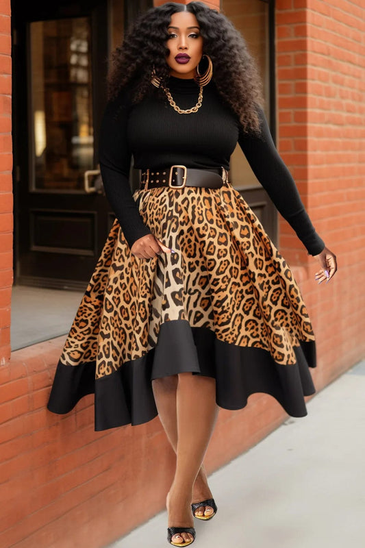 Plus Size Formal Black Leopard Round Neck Long Sleeve Irregular Hem Fall Winter Knitted Party Midi Dresses - SHOWLU FASHION STORE