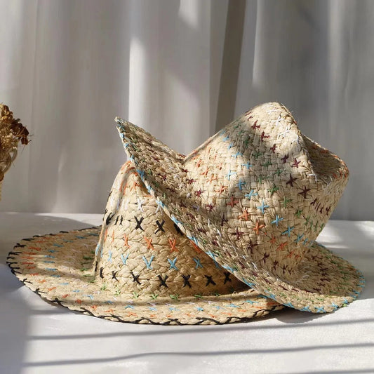 Raffia straw hat for women Bohemian colorful stitched straw hat ladies vacation sun hat beach summer vacation jazz hat panama - SHOWLU FASHION STORE