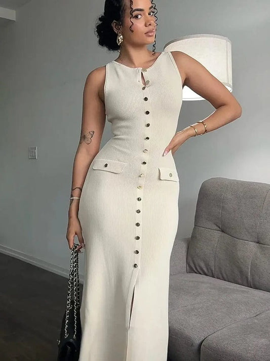 Sexy High Slit Button Women Maxi Dress Apricot Sleeveless Round Neck Dress Summer Skinny Elegant Party Beachwear - SHOWLU FASHION STORE