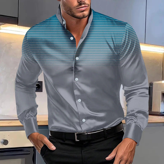 Spring and autumn new men's casual four - sided elastic polka dot fashion print comfortable standing collar long sleeve shirt - SHOWLU FASHION STORE