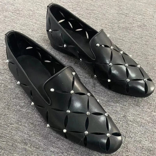 Stylish Hollow Out Black Soft Leather Men Shoes Cowhide Summer Spiked Loafers Breathable Business Casual Shoes Sandals For Men - SHOWLU FASHION STORE