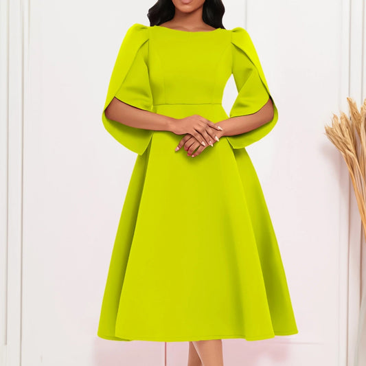 Women's Dress Elegant Party Dresses Summer Solid Color Round Neck Silm Evening Dress Female Large Swing Medium Length Dress - SHOWLU FASHION STORE