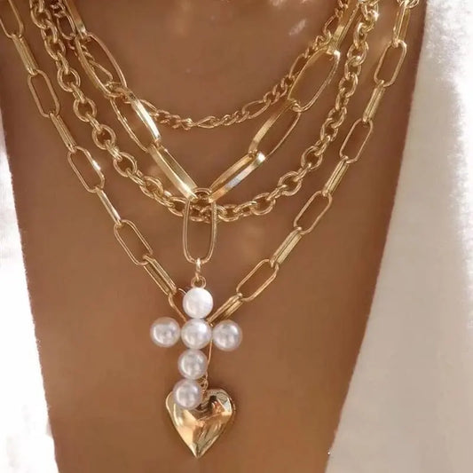 Showlu Fashion Store 0 Boho Elegant Jewelry Multilayer Chain Pearl Cross Heart Pendant Necklace Gold Color Unquie Women Fashion Necklace N0340