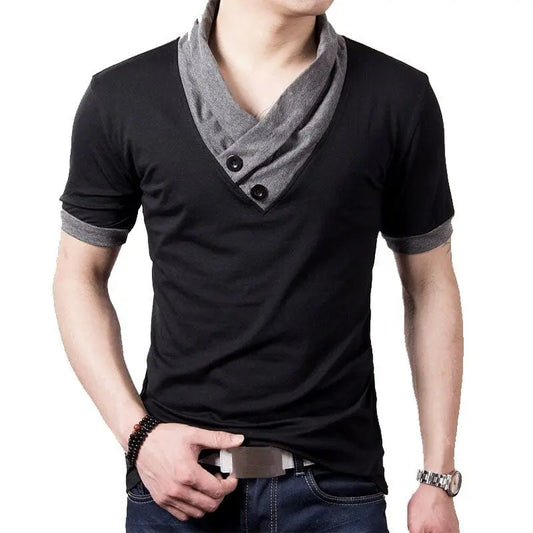 Anel Demosthene General Store 0 New Plus Size Summer Mens T-Shirts Fashion 2023 Slim Short Sleeve Patchwork V Neck Cotton Black T Shirt Men Button Tops & Tees