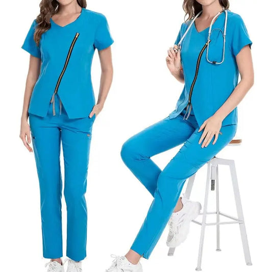 Showlu Fashion Store Reusable Stretchy Beautician Scrubs Uniforms Nurse Uniform Medical Zip Scrubs