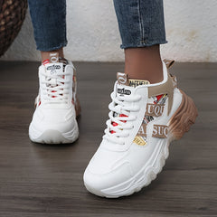 New Women's 2025 Spring/Summer Outdoor Sports Shoes - Height-Enhancing Thick Sole, High Quality Synthetic Leather Upper, Breathable Fabric Lining & Non-Slip PVC Outsole for Running, Hiking, Casual Wear - Beige/Red Colorway, L