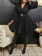 Solid V-neck Button Front Dress, Elegant Lantern Sleeve Swing Dress For Spring & Fall, Women's Clothing