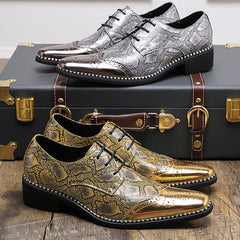 Men's Stylish Golden Brogue Loafers with Diamond Pattern - Pointed Toe Dress Shoes for Business & Casual Wear, Low-Top Lace-Up Design, All-Season Comfort, Allseason Shoes | Stylish Brogue Loafers | Polished Finish Shoes SHOWLU FASHION STORE