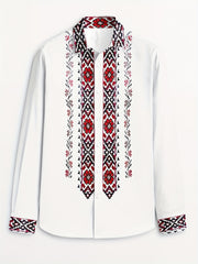 Men's Tribal Ethnic Print Long Sleeve Dress Shirt - 100% Polyester, Classic Collar & Button-Up Front, Machine Washable, Spring/Fall Casual to Formal Wear