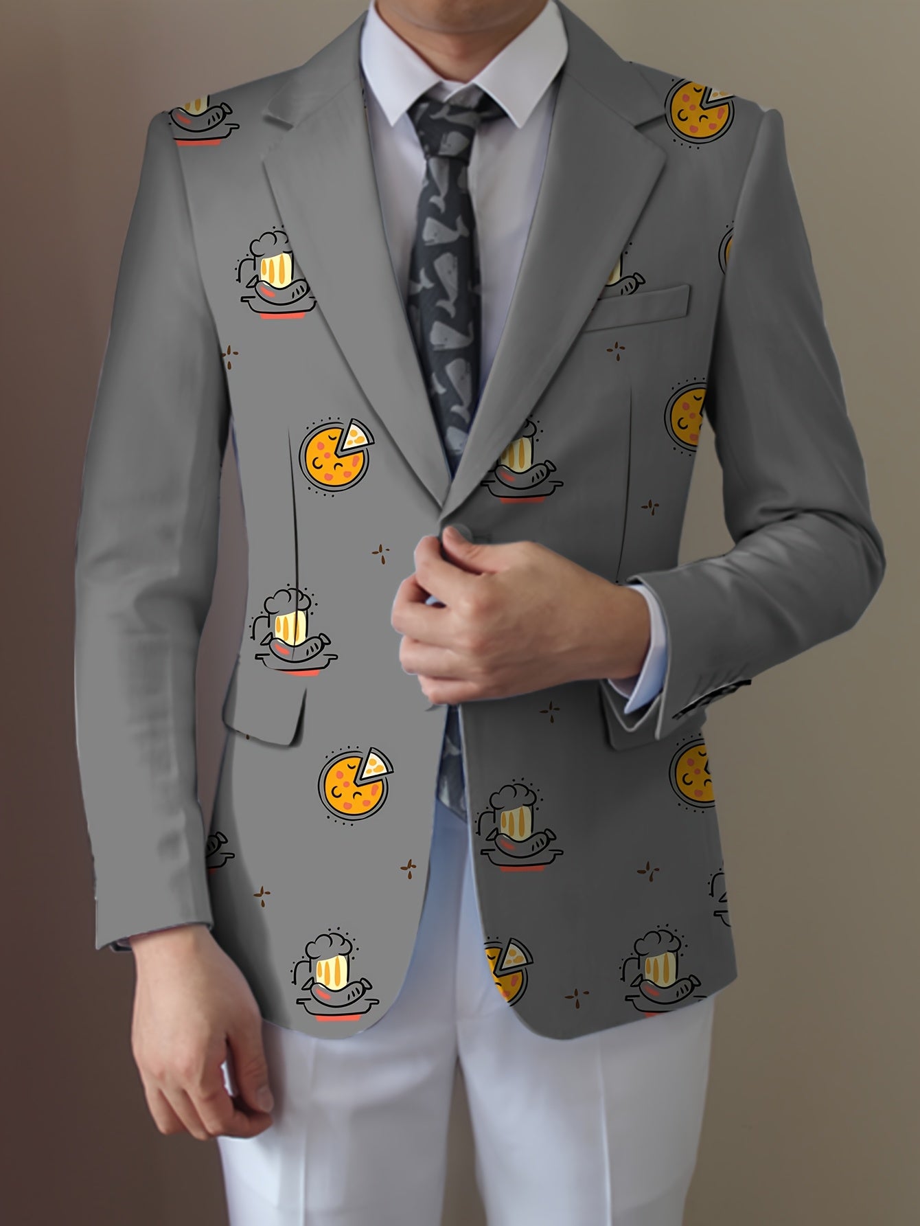 Men'S Casual Food Cartoon Pattern Suit, Polyester 95% Elastane 5%, All-Season Lapel Collar Blazer with Button Details, Regular Fit Woven Fabric SHOWLU FASHION STORE