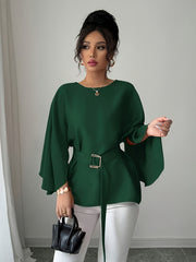 Elegant Light Blue Long Sleeve Blouse with Belted Waist - Chic Crew Neck, Flowy Design, Perfect for Casual or Formal Occasions, Casual Wear Blouse | Belted Waist Top | Structured Shoulders