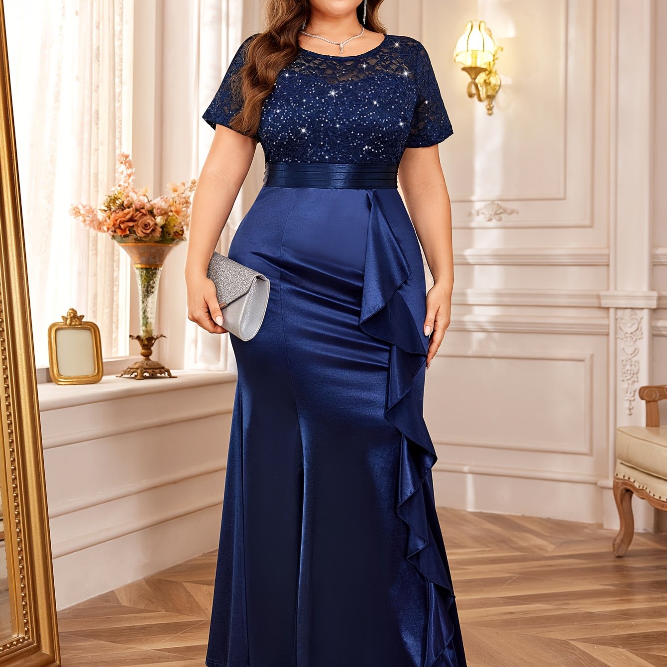 P54328A Elegant Women's Plus Size Lace Contrast Satin Sequin Bridesmaid Dress, Round Neck Short Sleeve, Empire Waist, Slim Fitting, Ruffled Mermaid Hem, Perfect for Formal Evenings, Weddings, Parties SHOWLU FASHION STORE