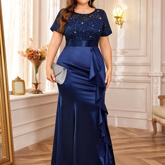 P54328A Elegant Women's Plus Size Lace Contrast Satin Sequin Bridesmaid Dress, Round Neck Short Sleeve, Empire Waist, Slim Fitting, Ruffled Mermaid Hem, Perfect for Formal Evenings, Weddings, Parties SHOWLU FASHION STORE