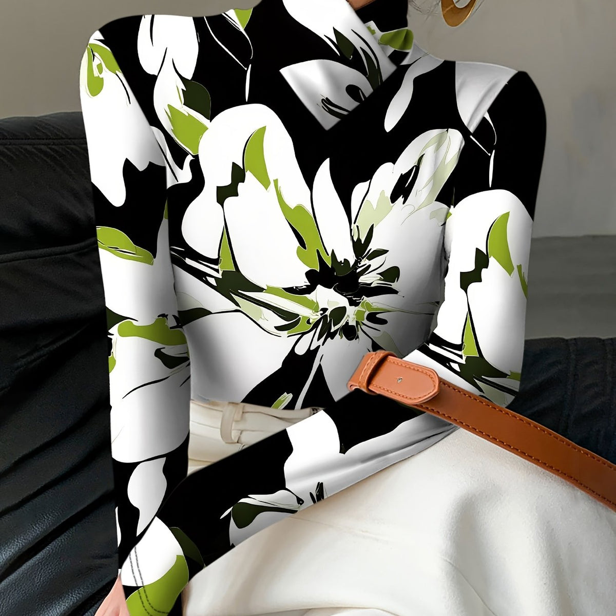1pc Women'S Sexy Floral Print High Neck Turtleneck Long Sleeve T-Shirt, 100% Polyester Knit Fabric, Regular Length All-Season Top