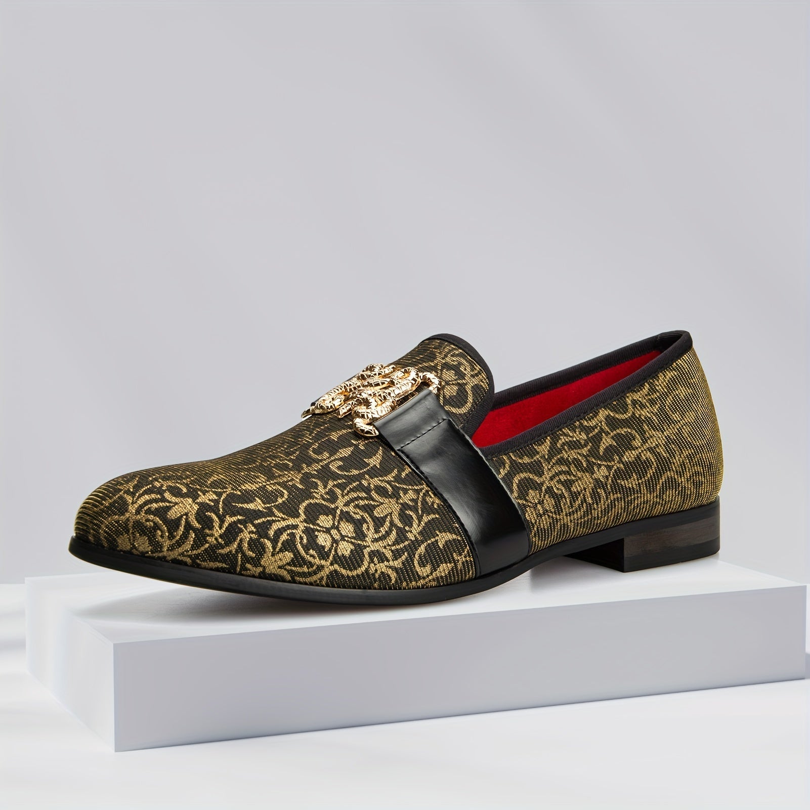 [Floral Pattern Loafers] Elegant Slip-On Loafers - Comfortable Floral Pattern Shoes with Golden Buckle, Black and Red Accents - Perfect for Parties & Streetwear SHOWLU FASHION STORE