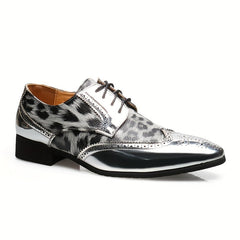 [Leopard Print Oxfords] Stylish Men's Leopard Print Oxfords - Golden Accents Dress Shoes with Brogue Detailing for Weddings, Parties & Business Casual Events SHOWLU FASHION STORE