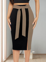 Women's Elegant Slim-Fit Color-Block Midi Skirt - Black to Burgundy Ombre with Adjustable Ribbon Bow Detail, Machine Washable H-Silhouette for Spring/Summer Office to Party Wear, Cute Skirts, Sophisticated Texture
