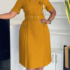 Plus Size, Amazon Popular Women's Plus Size V-Neck Pencil Dress - Mustard Yellow Solid Color, Structured Fit & Flared Skirt, All-Season Machine Washable Elegant Office & Casual Dress, Work Attire, Polished Finish, Professiona