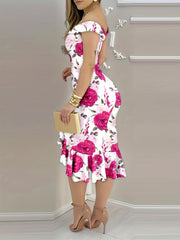 Floral Print Off Shoulder Ruffles Hem Bodycon Dress Sexy Slit Slim Fit Midi Dress