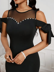 Women's Elegant Off-Shoulder Bodycon Dress - Stretchy Formal/Party/Everyday Dress with Bow Tie neckline, High-Elasticity Fabric, Machine Washable Black Evening Gown for Women, Formal Wear, Pearl Embellishments