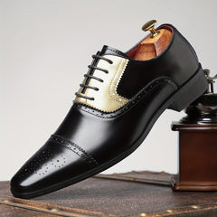 [Golden Stitching, Business Casual Shoes] Black Pointed Toe Business Casual Dress Shoes - Faux Upper, Rubber Sole, Lace-Up Closure - Sizes 39-48, for Office, Parties, Daily Wear SHOWLU FASHION STORE