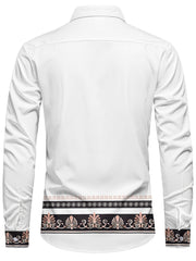 Men'S Long Sleeve Ethnic Style Shirt - Vibrant Turquoise with Black & Golden Floral Pattern, Button-Up Collar, Non-Stretch Fabric, Perfect for Spring/Fall Casual Wear, Spring Fashion Shirt | Floral Pattern Shirt | Nonstretch