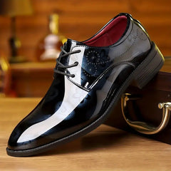 Men's Classic Lace-Up Dress Shoes - Glossy Wingtip Oxfords, Black, Formal & Casual Wear for Outdoor Events SHOWLU FASHION STORE