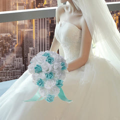 11.02inch White Blue Pearl Ribbon Bridal Wedding Drop Bouquet Handmade Artificial Silk Holding Flowers For Wedding Favors Supplies, Graduation Gift art sign - SHOWLU FASHION STORE