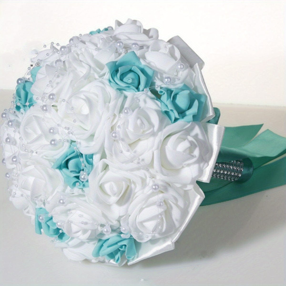 11.02inch White Blue Pearl Ribbon Bridal Wedding Drop Bouquet Handmade Artificial Silk Holding Flowers For Wedding Favors Supplies, Graduation Gift art sign - SHOWLU FASHION STORE